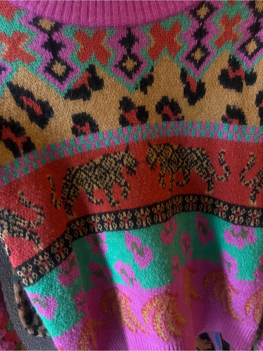 FARM Rio Pink, Green & Red Patterned Crewneck Sweater crochet sleeves - Picture 3 of 5